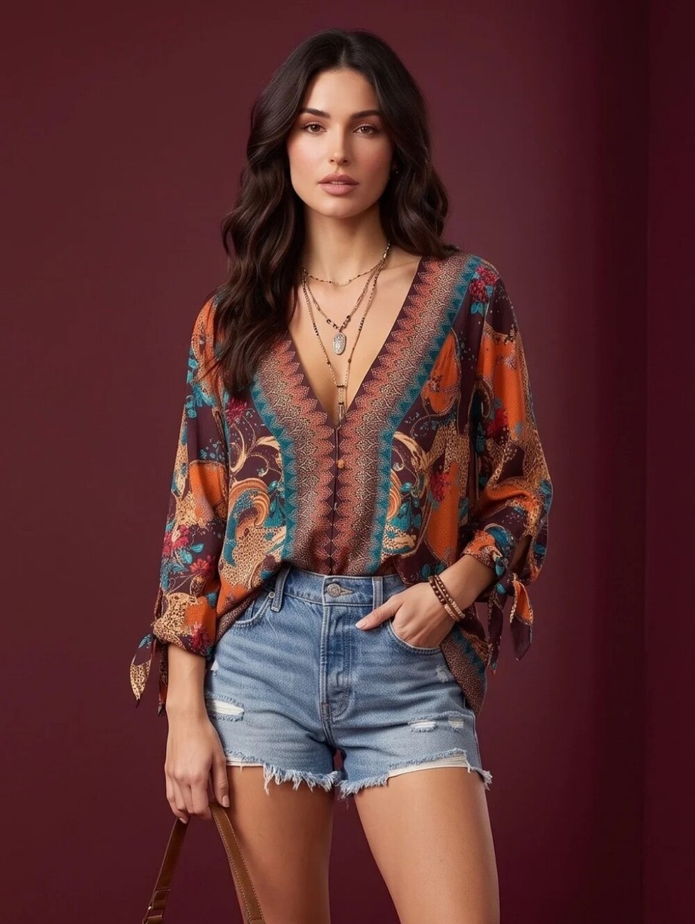 Free People Multicolor Printed V-Neck Tie-Sleeve Blouse Size M